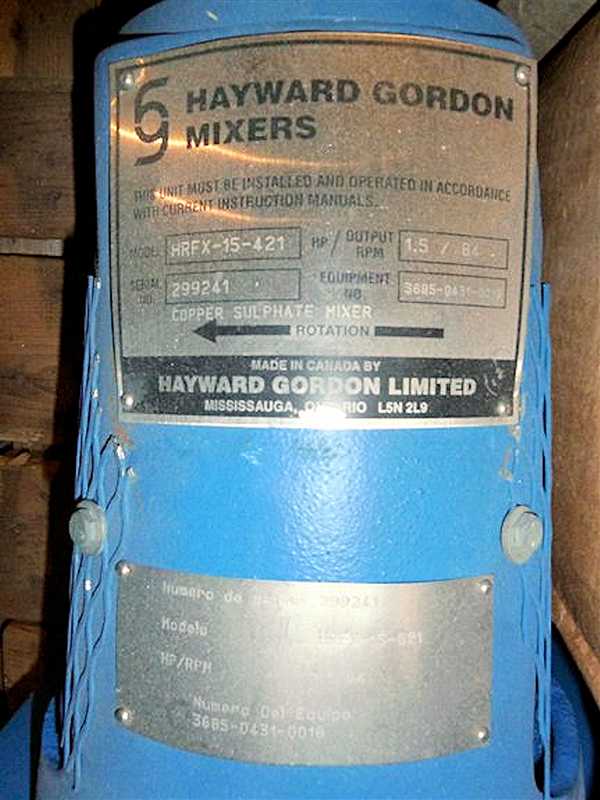 Unused Hayward Gordon Model Hrfx-15-421 Copper Sulphate Mix Tank Agitator)